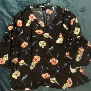 Iris Floral Black Blouse with Orange and Cream Accents